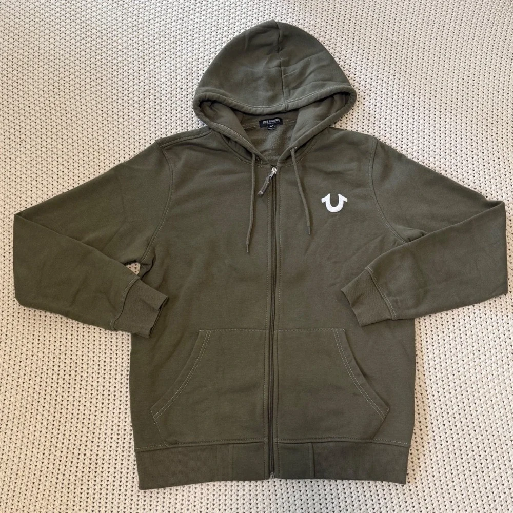True Religion Men's Size L Olive Green Zip-Up Hoodie‎ Streetwear Y2K Logo